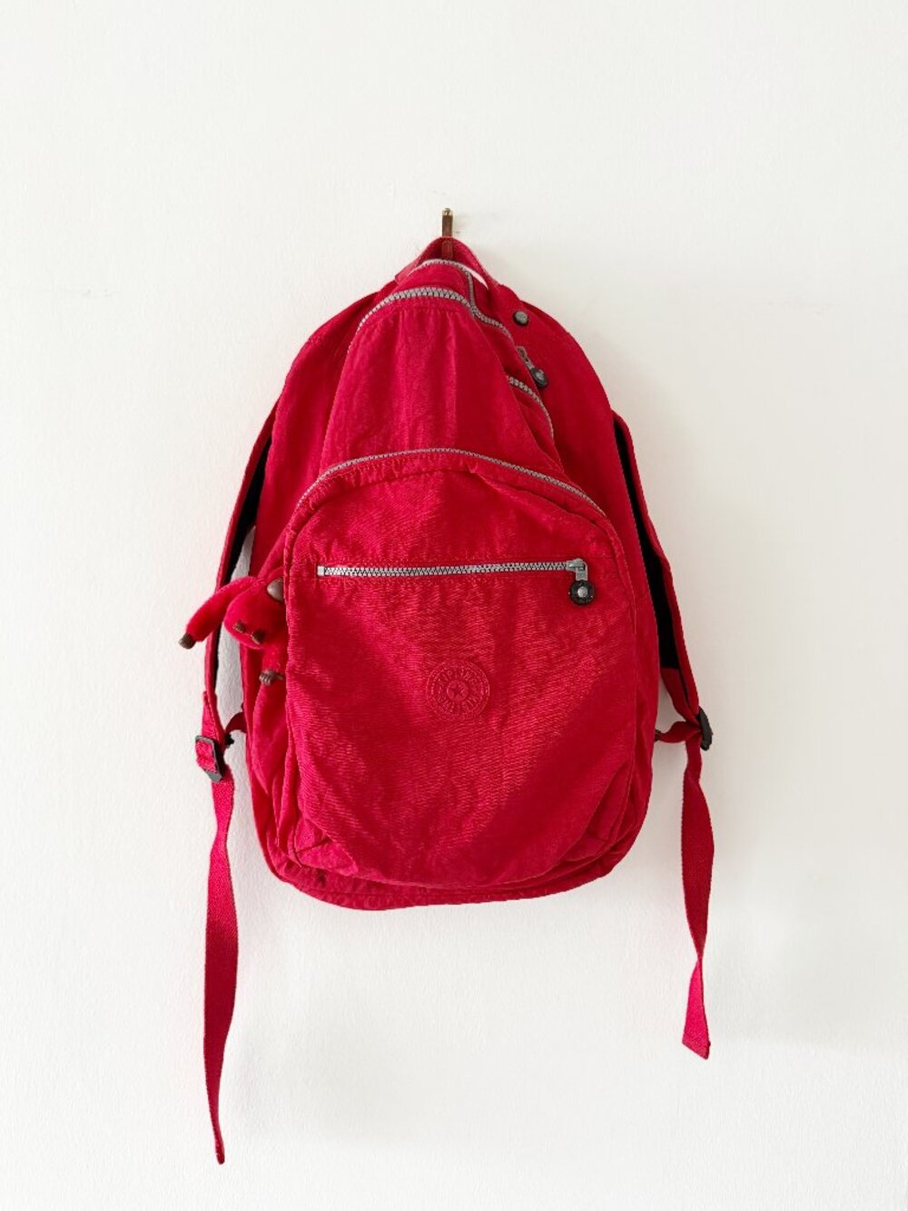 Kipling Seoul w/ Monkey Charm Large Backpack Red Laptop School Bag Crinkle Nylon